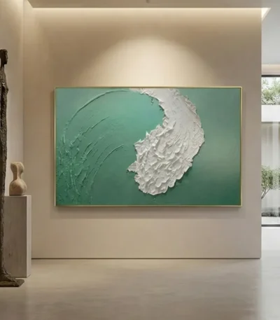 Textured abstract hand-painted canvas in sage green and white with layered gestural brushwork, contemporary gallery space