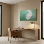 Textured abstract hand-painted canvas with organic white form on soft sage green background, contemporary workspace