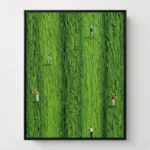 Contemporary figurative hand-painted canvas depicting golfers on textured green landscape, vibrant lime and forest tones