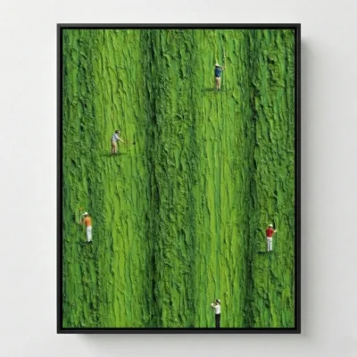 Contemporary figurative hand-painted canvas depicting golfers on textured green landscape, vibrant lime and forest tones