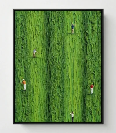 Contemporary figurative hand-painted canvas depicting golfers on textured green landscape, vibrant lime and forest tones