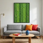 Contemporary landscape hand-painted canvas depicting figures in expansive green field, vibrant moss tones, modern living space