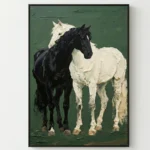 Contemporary figurative hand-painted canvas depicting two horses in contrasting black and cream against a deep green background