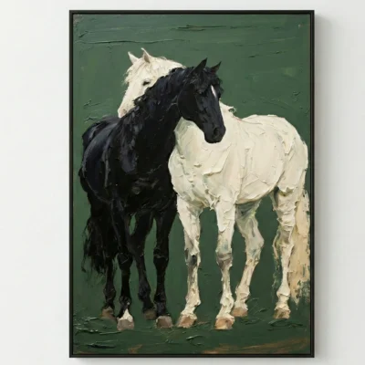 Contemporary figurative hand-painted canvas depicting two horses in contrasting black and cream against a deep green background