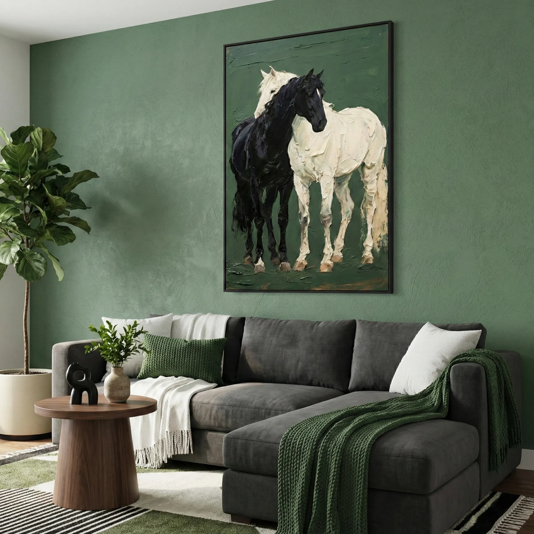 Contemporary figurative hand-painted canvas depicting two horses in contrasting black and cream tones, modern living space