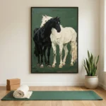 Figurative hand-painted canvas depicting two horses in contrasting black and cream against deep green, contemporary yoga studio