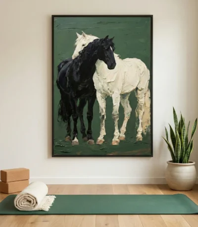 Figurative hand-painted canvas depicting two horses in contrasting black and cream against deep green, contemporary yoga studio