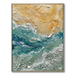Textured abstract coastal painting, heavy white surf against a golden-tan sky and teal water, gold thin frame