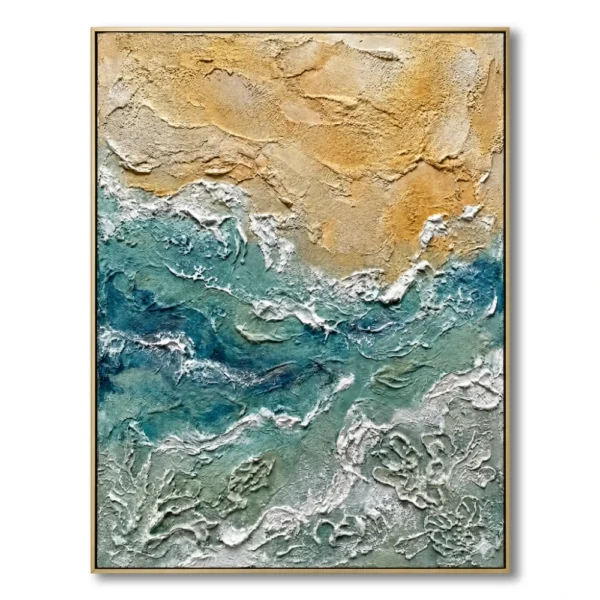 Textured abstract coastal painting, heavy white surf against a golden-tan sky and teal water, gold thin frame