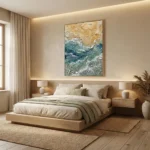 Textured abstract hand-painted canvas in layered ochre, teal and cream tones, modern bedroom