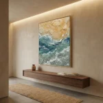 Textured abstract hand-painted canvas in layered earth tones and seafoam green, contemporary interior