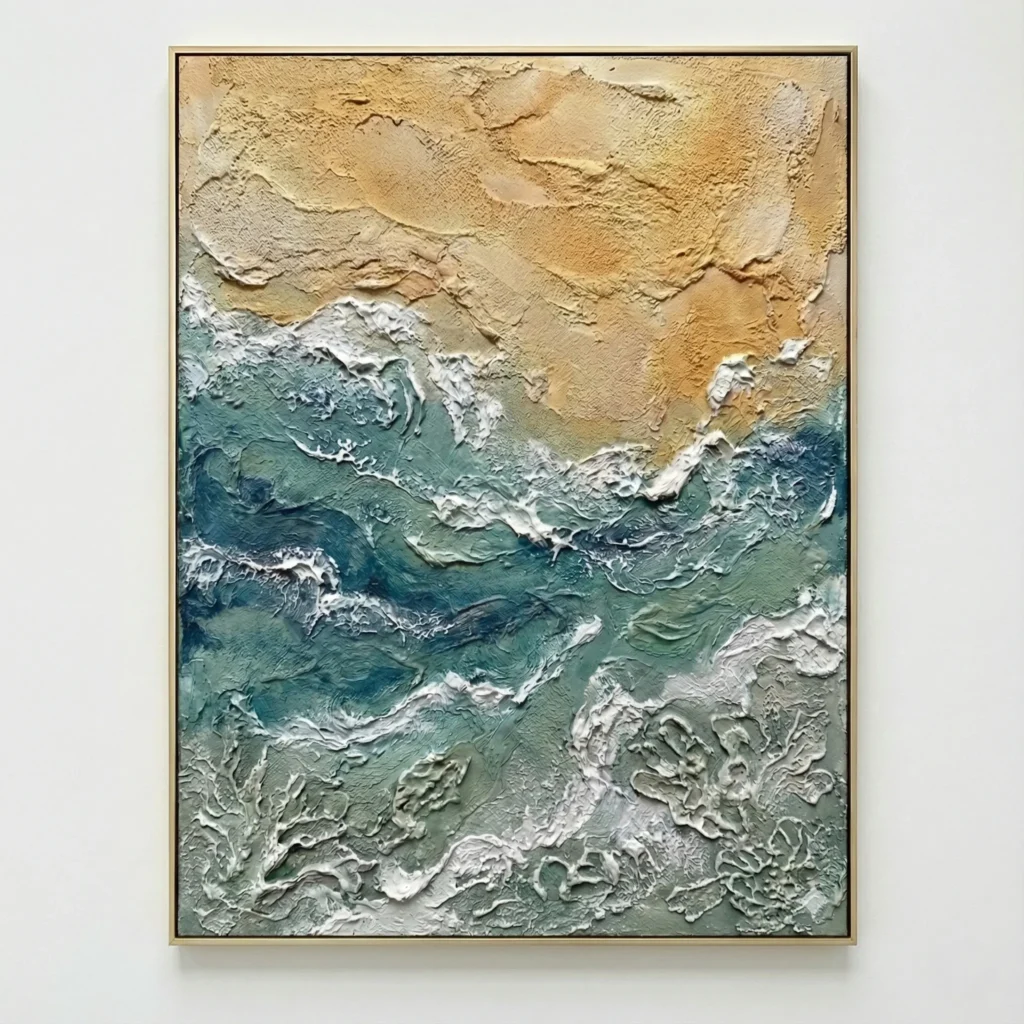 Textured abstract hand-painted canvas in layered teal, cream, and sand tones with gestural impasto brushwork