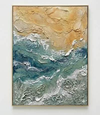 Textured abstract hand-painted canvas in layered teal, cream, and sand tones with gestural impasto brushwork