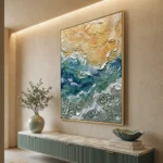 Weathered Crest textured wall art shown framed on the wall in a styled interior