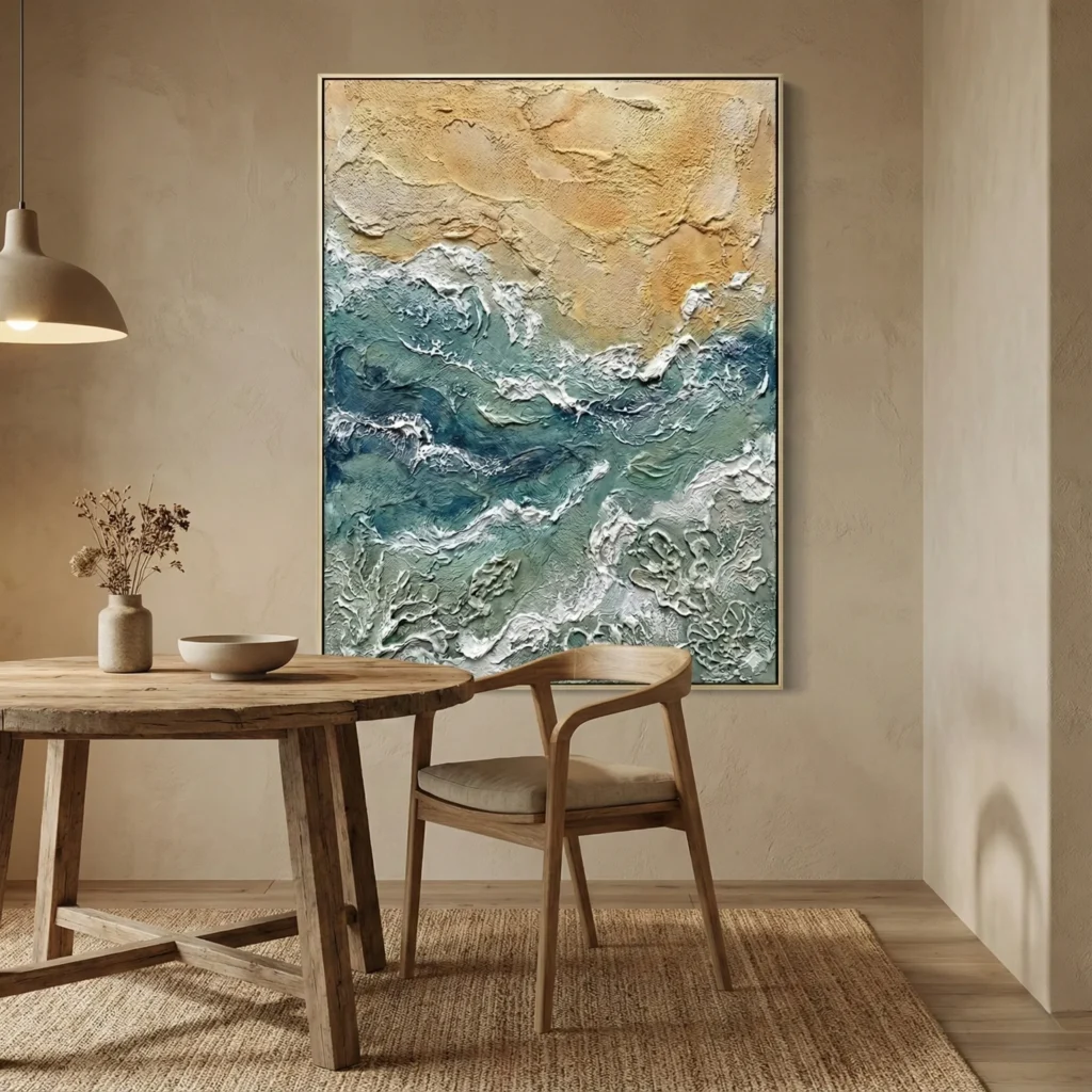 Textured abstract hand-painted canvas with layered teal, cream, and sand tones depicting coastal movement, contemporary dining space