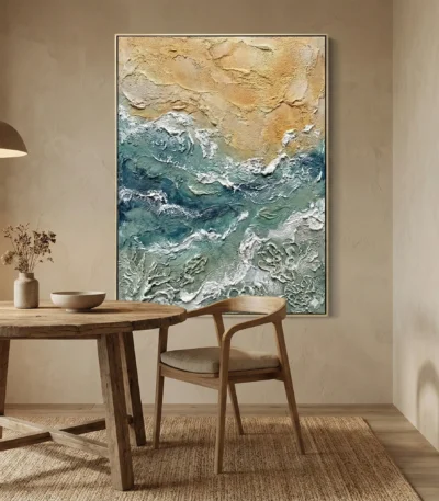 Textured abstract hand-painted canvas with layered teal, cream, and sand tones depicting coastal movement, contemporary dining space