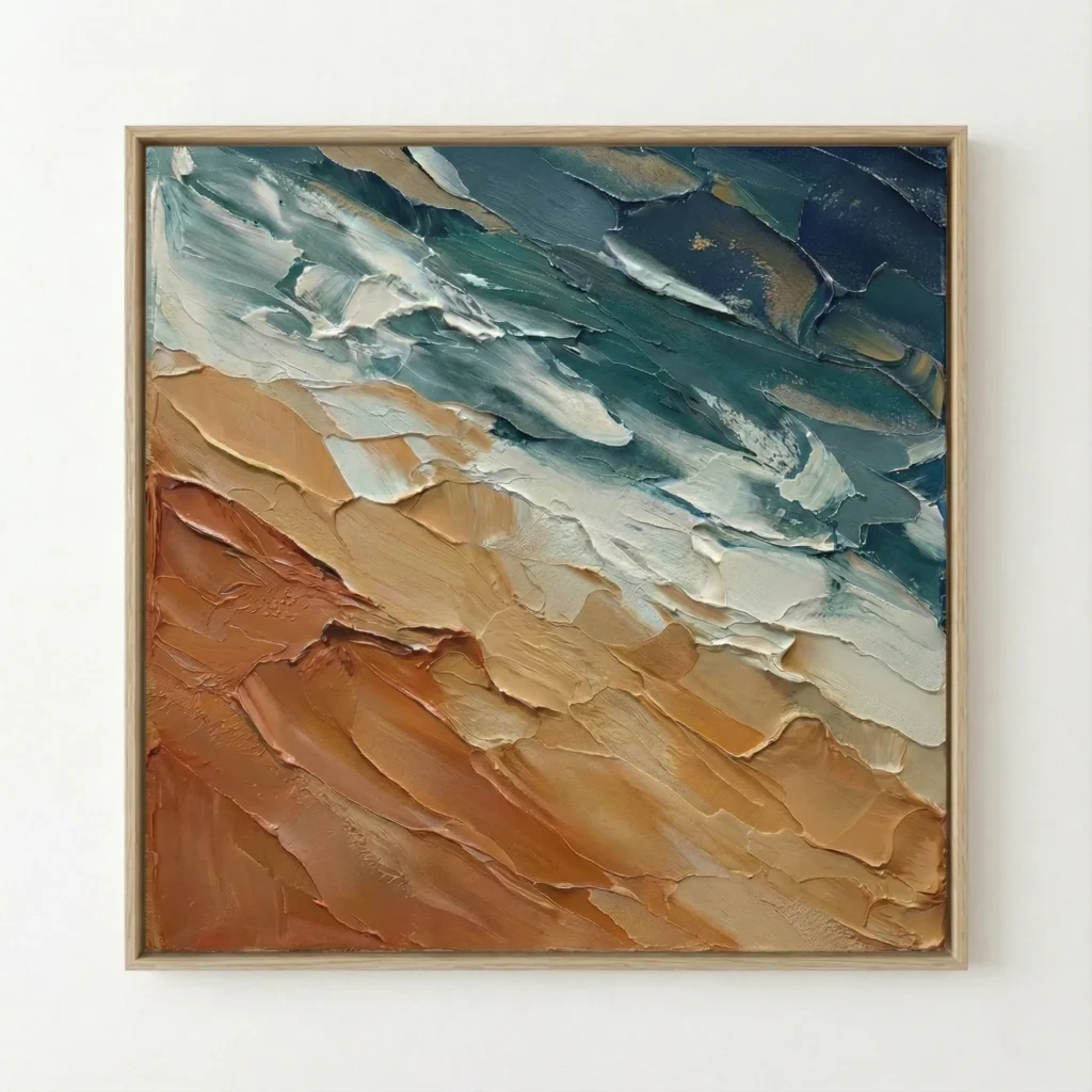 Textured abstract hand-painted canvas with layered ocean blues, sandy tans, and rust tones in gestural brushstrokes, contemporary living space