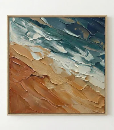 Textured abstract hand-painted canvas with layered ocean blues, sandy tans, and rust tones in gestural brushstrokes, contemporary living space