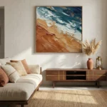 Textured abstract hand-painted canvas with layered ocean blues, warm terracottas, and cream brushstrokes, contemporary living space