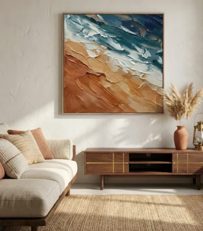 Textured abstract hand-painted canvas with layered ocean blues, warm terracottas, and cream brushstrokes, contemporary living space