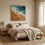 Textured abstract landscape hand-painted canvas in layered ocean blues, warm terracotta, and cream tones, modern bedroom