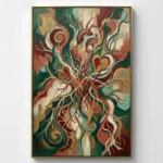 Gestural abstract hand-painted canvas with organic flowing forms, spiraling hearts and anatomical elements in rich burgundy, forest green and golden ochre tones