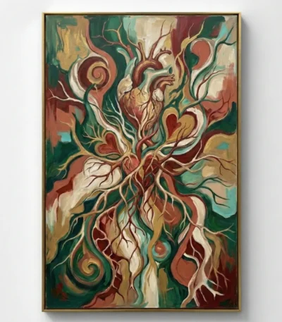 Gestural abstract hand-painted canvas with organic flowing forms, spiraling hearts and anatomical elements in rich burgundy, forest green and golden ochre tones