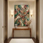 Gestural abstract hand-painted canvas in swirling burgundy, teal, and cream tones with organic flowing forms, entryway accent