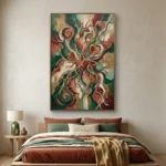 Gestural abstract hand-painted canvas with spiraling organic forms in deep terracotta, forest green, and cream tones, modern bedroom