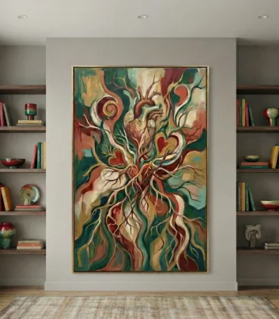 Expressionist hand-painted canvas depicting organic tree form with swirling roots and branches in rich jewel tones and warm earth hues, contemporary living space