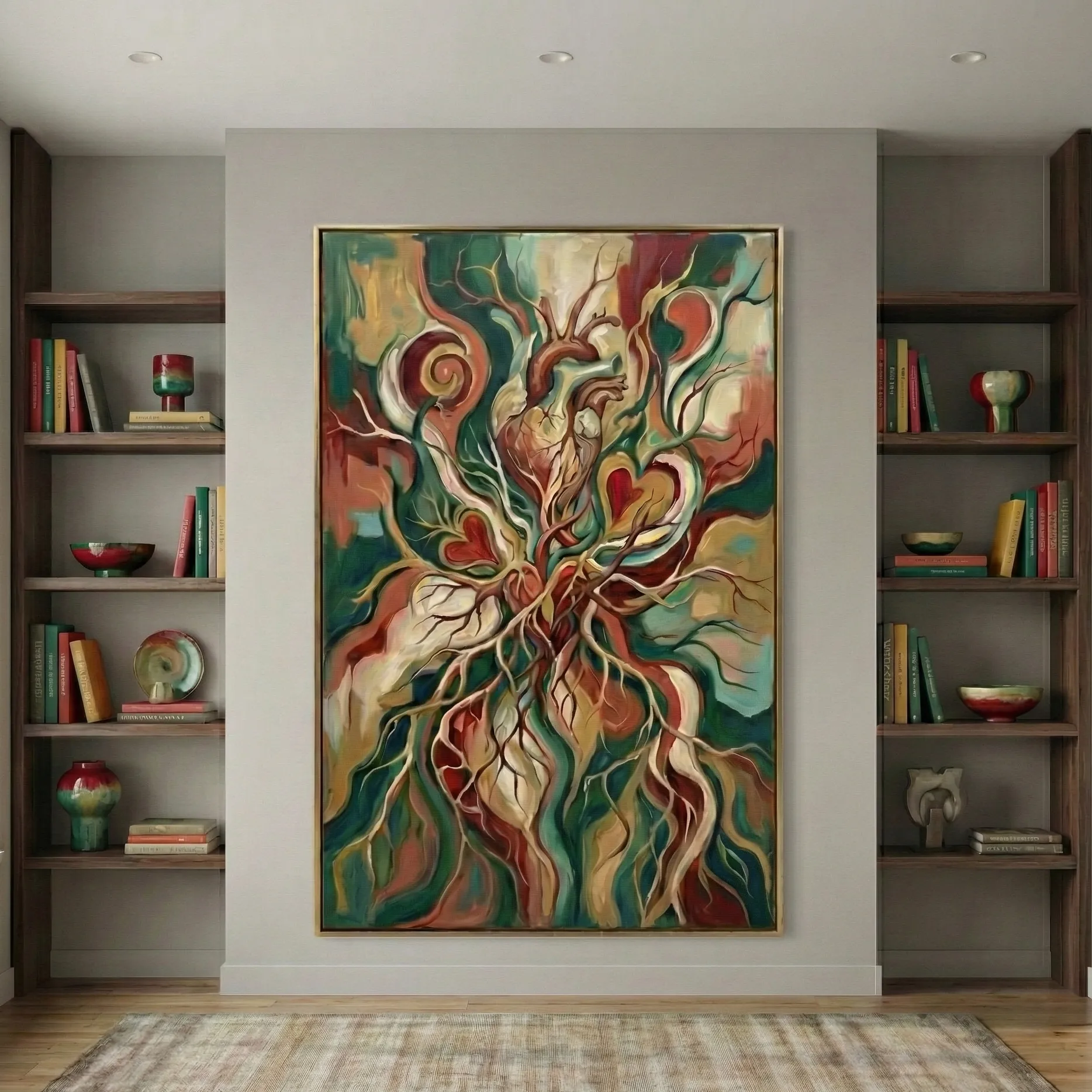 Eternal Flow Heart with swirling roots and leaves abstract wall decor (5) Expressionist hand-painted canvas depicting organic tree form with swirling roots and branches in rich jewel tones and warm earth hues, contemporary living space