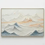 Textured landscape painting depicting layered mountains in cream, white, and slate blue tones, hand-finished canvas