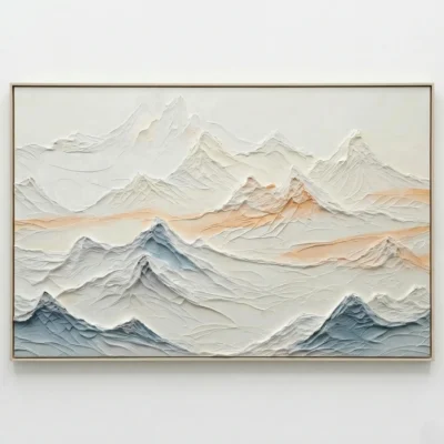 Textured landscape painting depicting layered mountains in cream, white, and slate blue tones, hand-finished canvas