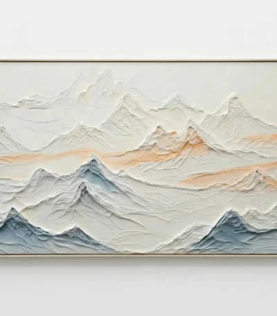 Textured landscape painting depicting layered mountains in cream, white, and slate blue tones, hand-finished canvas