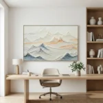 Textured abstract landscape hand-painted canvas depicting layered mountains in cool blues and warm earth tones, modern office