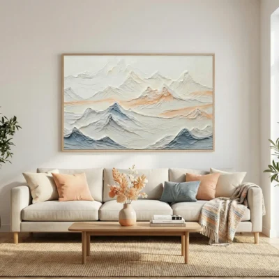 Textured landscape hand-painted canvas depicting layered mountains in soft grays, blues and warm ochre tones, contemporary living space
