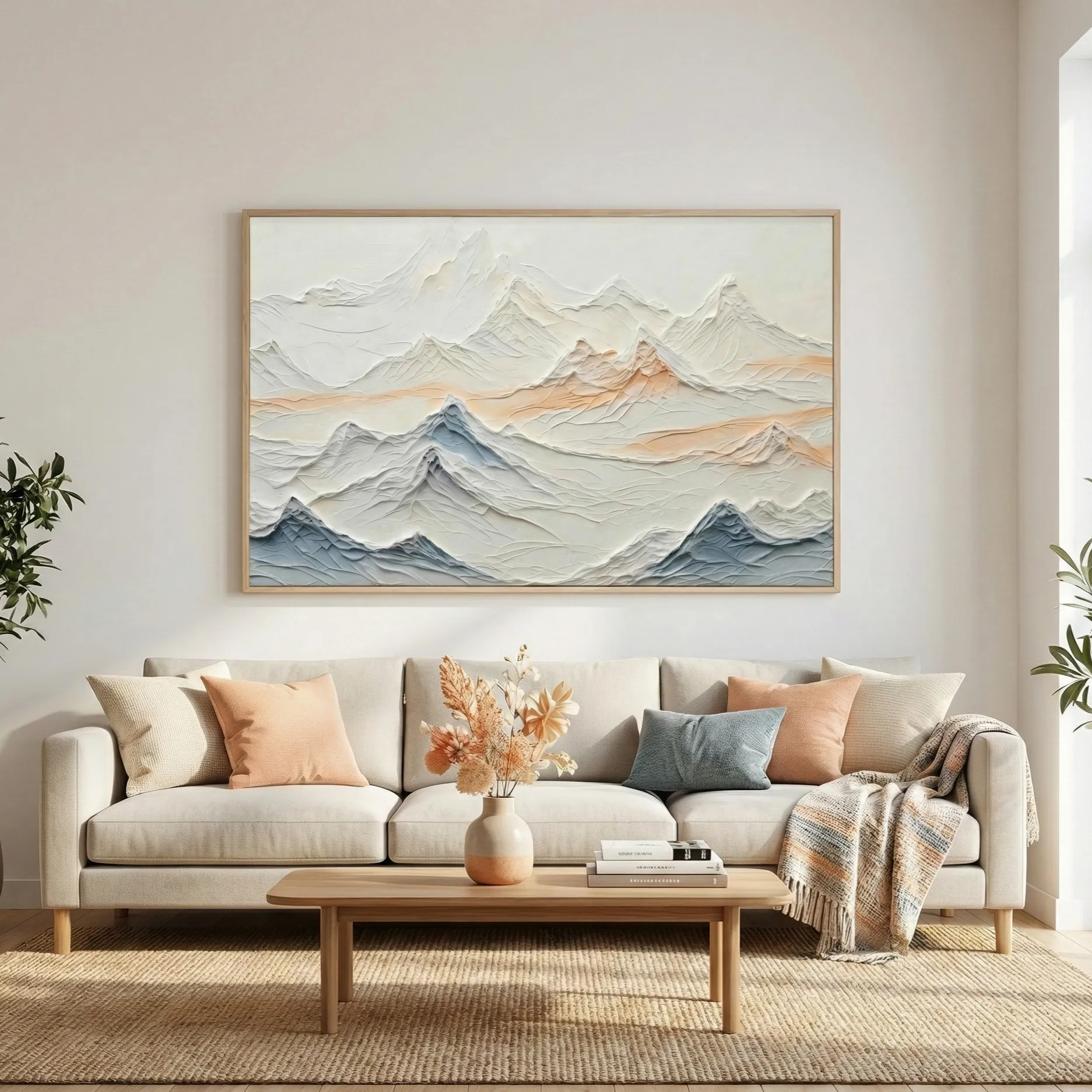 Ethereal Blue Horizon Impasto landscape with soft pastel colors abstract art (4) Textured landscape hand-painted canvas depicting layered mountains in soft grays, blues and warm ochre tones, contemporary living space