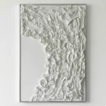 Textured abstract hand-painted canvas in ivory and cream with dynamic gestural folds and dimensional relief, contemporary living space