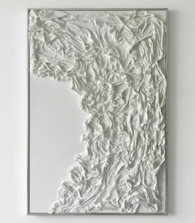 Textured abstract hand-painted canvas in ivory and cream with dynamic gestural folds and dimensional relief, contemporary living space