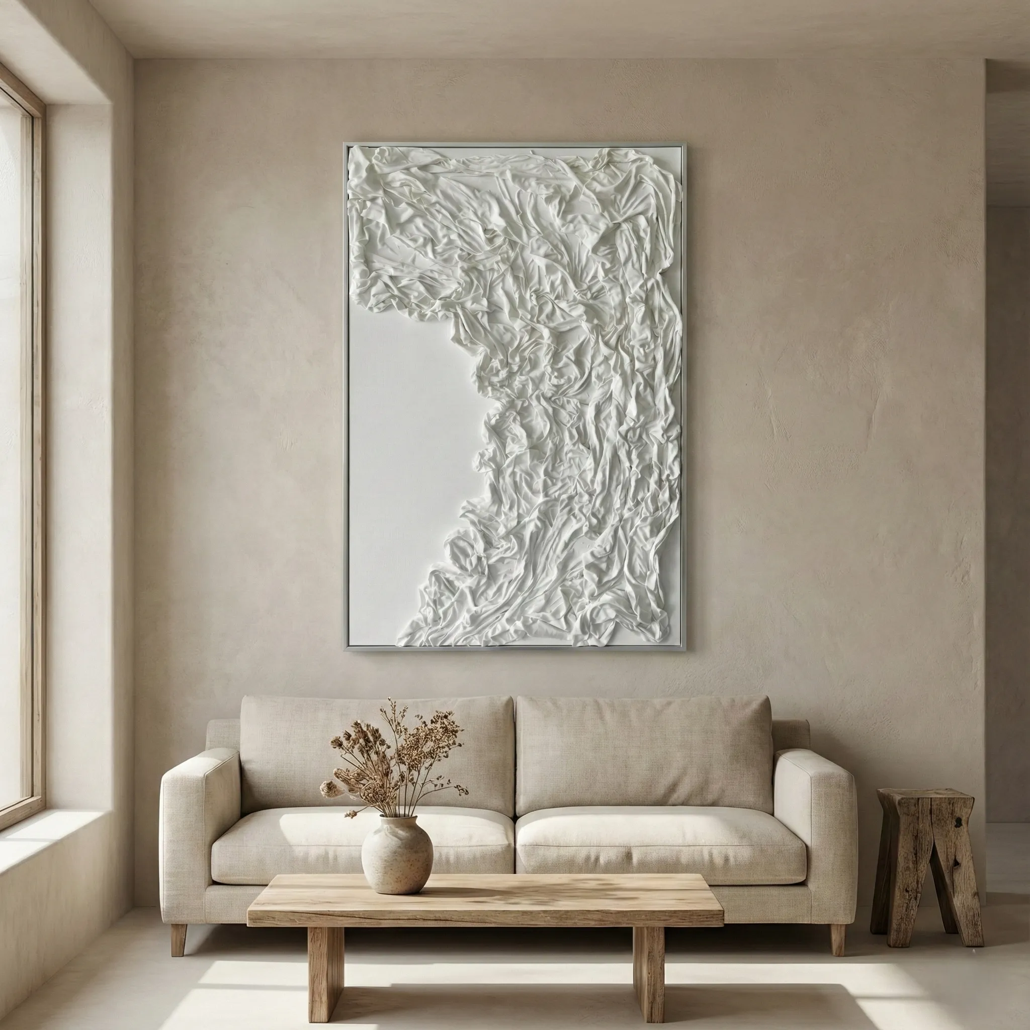 Ethereal Cascade – Abstract Fabric Relief Wabi Sabi Art (5) Textured abstract hand-painted canvas in layered white and cream tones with gestural brushwork, contemporary living space