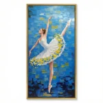 Contemporary figurative hand-painted canvas of a ballerina in white tutu with yellow sequin details against textured blue background