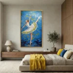 Textured figurative hand-painted canvas depicting ballet dancer in white tutu with blue and gold layered background, modern bedroom