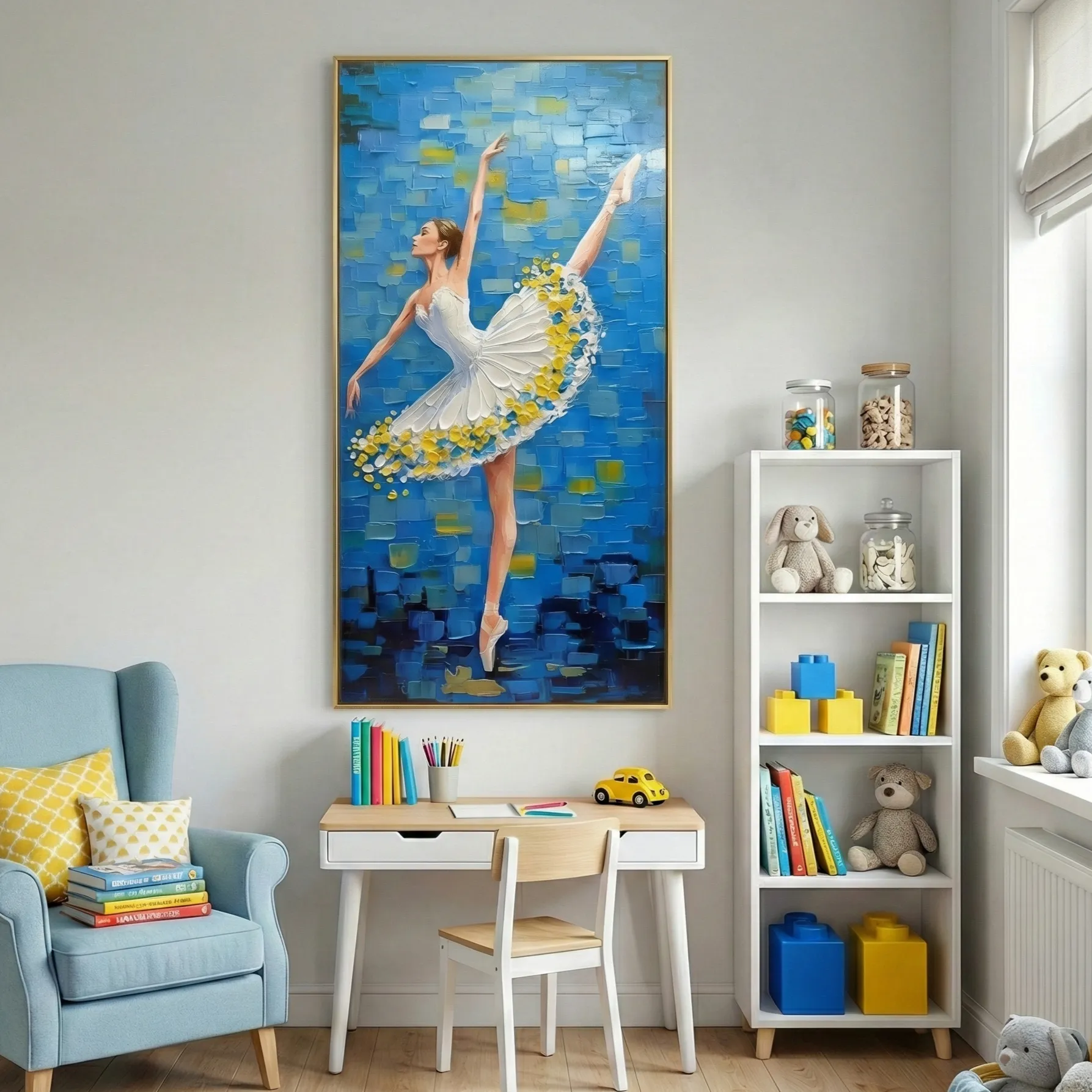 Ethereal Dancer Impasto Abstract ballerina, heavy brushstrokes, blue background abstract wall art (4) Contemporary figurative hand-painted canvas of ballet dancer in white tutu with yellow petal details against textured blue background, child's room