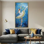 Figurative hand-painted canvas depicting an elegant ballerina in white and gold against textured blue mosaic background, contemporary living space