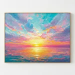 Impressionist hand-painted canvas depicting vibrant sunset seascape with layered pink, gold, and turquoise brushstrokes, modern living space