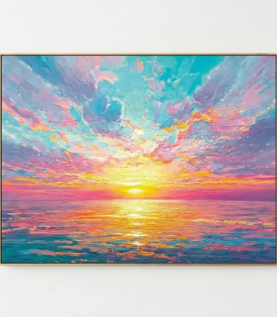 Impressionist hand-painted canvas depicting vibrant sunset seascape with layered pink, gold, and turquoise brushstrokes, modern living space