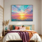 Impressionist seascape painting capturing vibrant sunset over ocean in turquoise, pink, gold and purple tones, modern bedroom