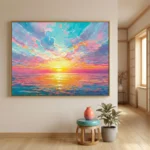 Impressionist hand-painted canvas depicting a radiant sunset seascape in vibrant corals, golds, and turquoises, contemporary interior