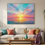 Impressionist seascape hand-painted canvas depicting radiant sunset over ocean in vibrant pink, gold, and turquoise tones, contemporary living space