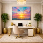 Impressionist seascape painting with vibrant sunset hues in pink, gold, and turquoise across dramatic clouds, hand-painted canvas in contemporary home office